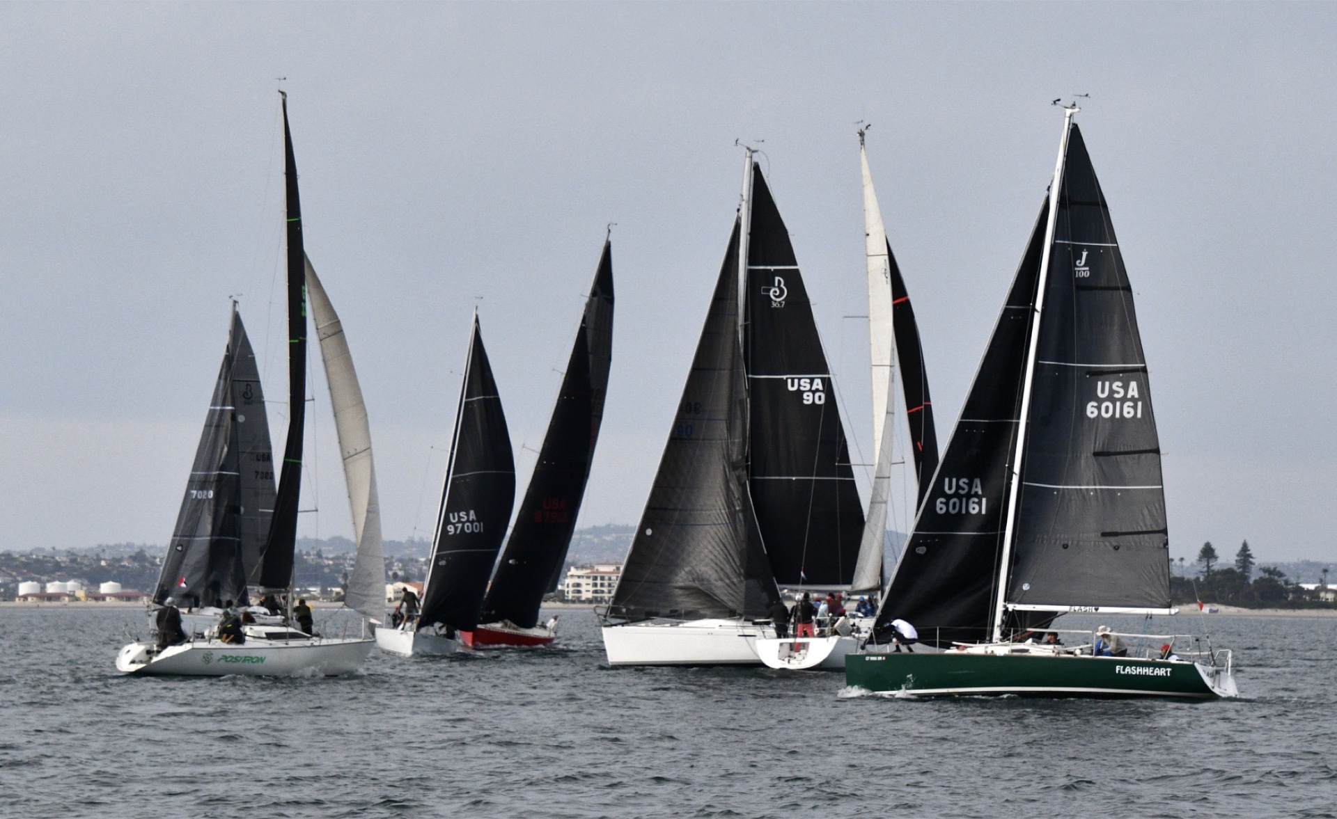 Fleet of Corinthian racing yachts competing closely on the water